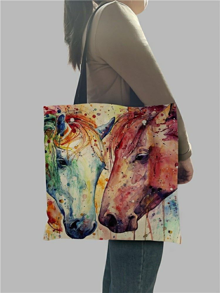 Aquarel Paard Print Linnen Shopping Bag Tote Folding Herbruikbare Reizen School Schoudertassen Casual Handtassen Voor Vrouwen