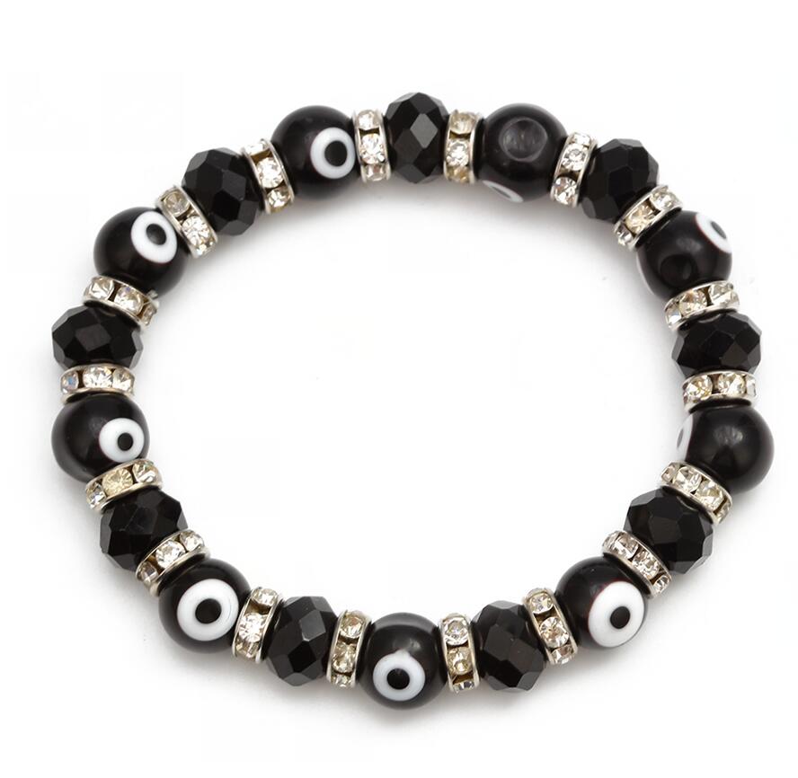 Meibeads 1pc moda azul turco mau olho charme pulseiras de cristal de vidro contas pulseira para mulheres meninas elástico artesanal jóias: black