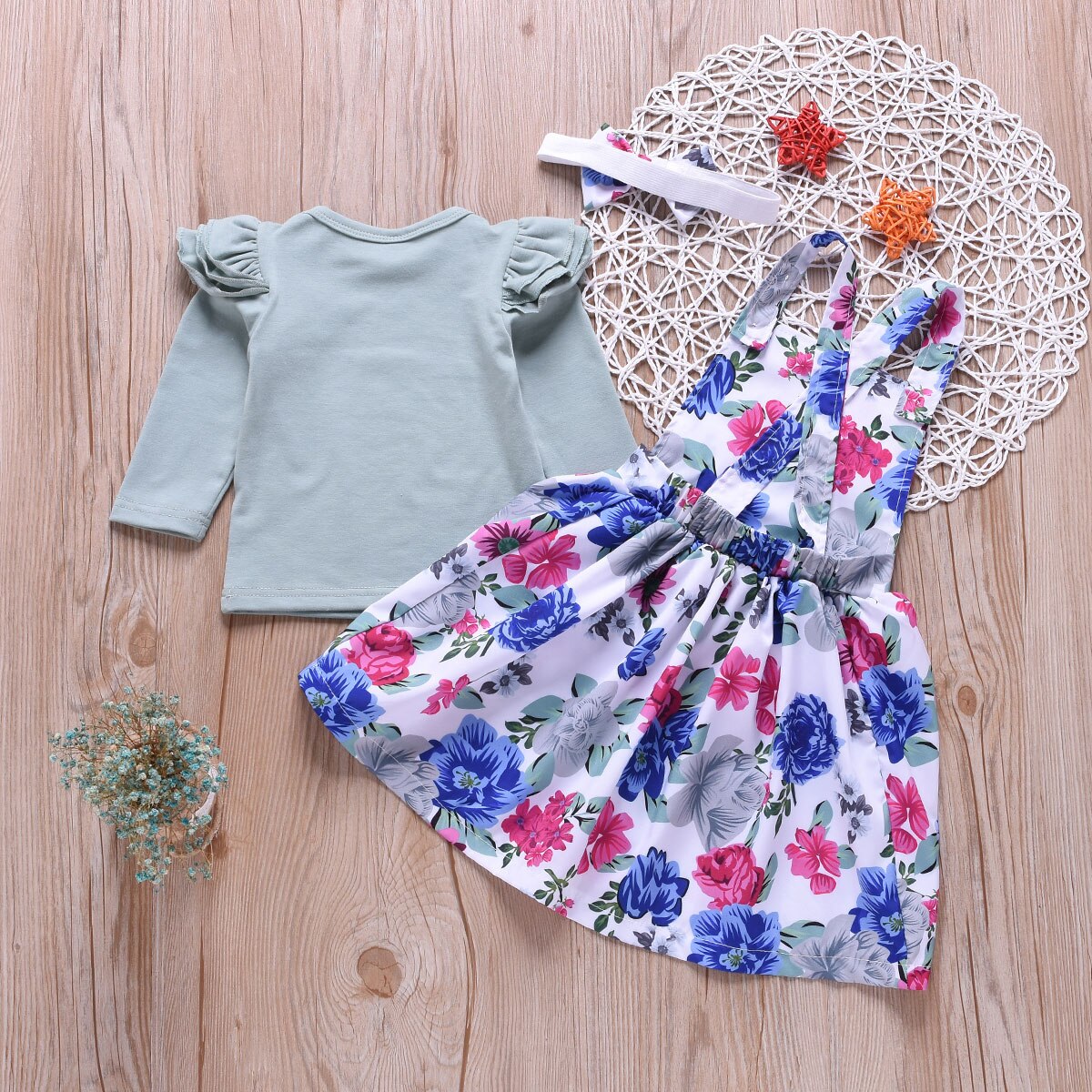 Conjunto de traje Casual para bebé niño niña Top con volantes de manga larga + falda con tirantes + Diadema con lazo 3 unids/set de vestido de verano para niña