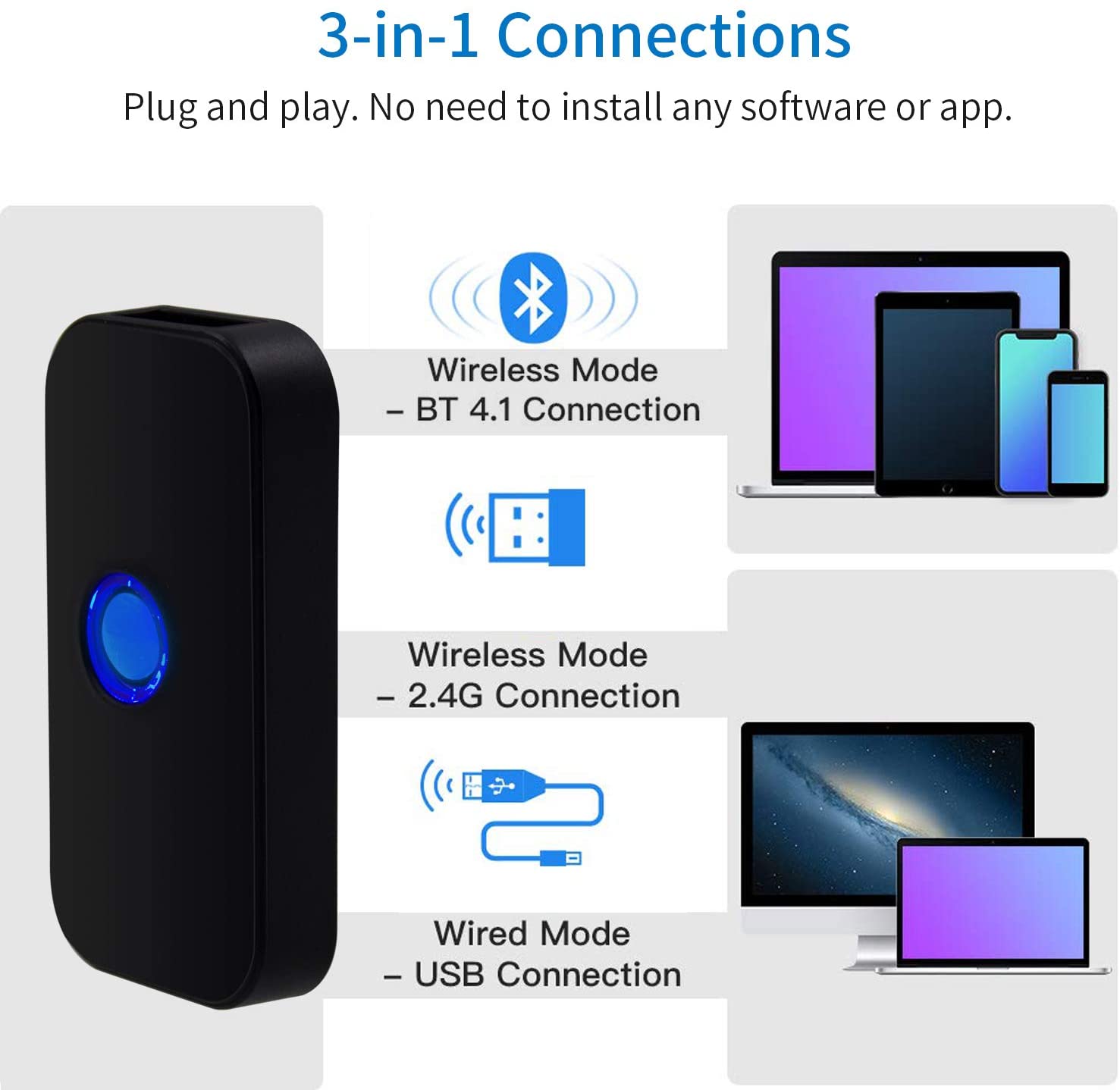 2D przenośny mini Bluetooth bezprzewodowy czytnik kodów kreskowych USB 3 w1 bezprzewodowe i przewodowe połączenia USB