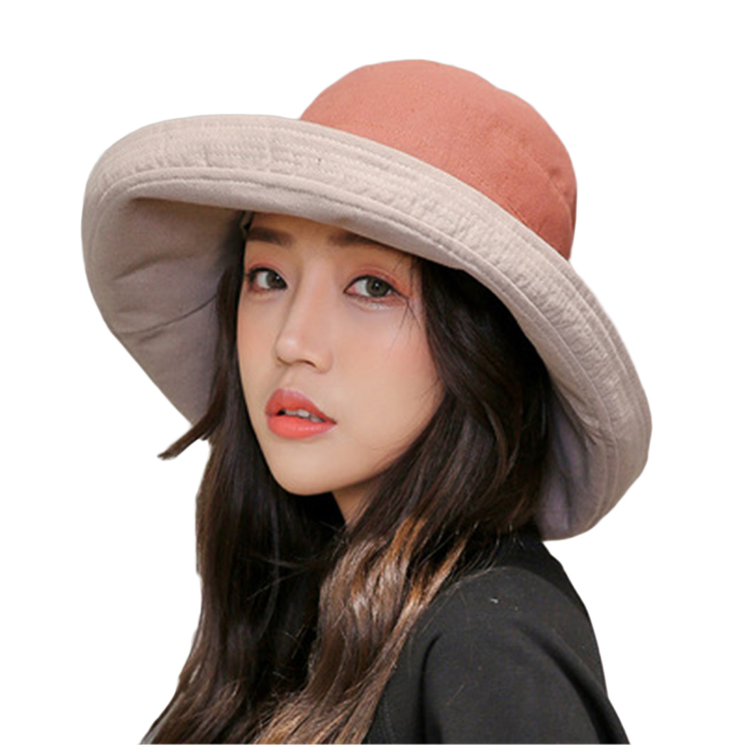 Liva Girl Brand Foldable Summer Beach Sun Hat Big Brim Hats Women Sun Hats Korean Cotton Outdoor UV Protection Sun Hats: Brick Red