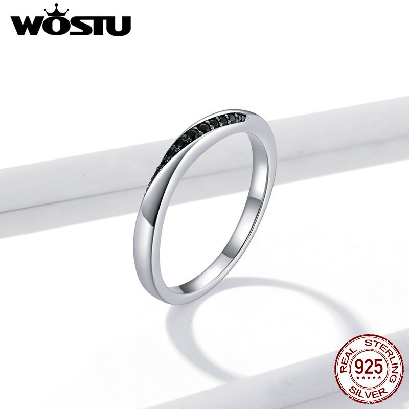 Wostu genuíno 925 prata esterlina estilo rock dedo anel para as mulheres preto zircão cúbico casamento noivado jóias anel anel ctr130