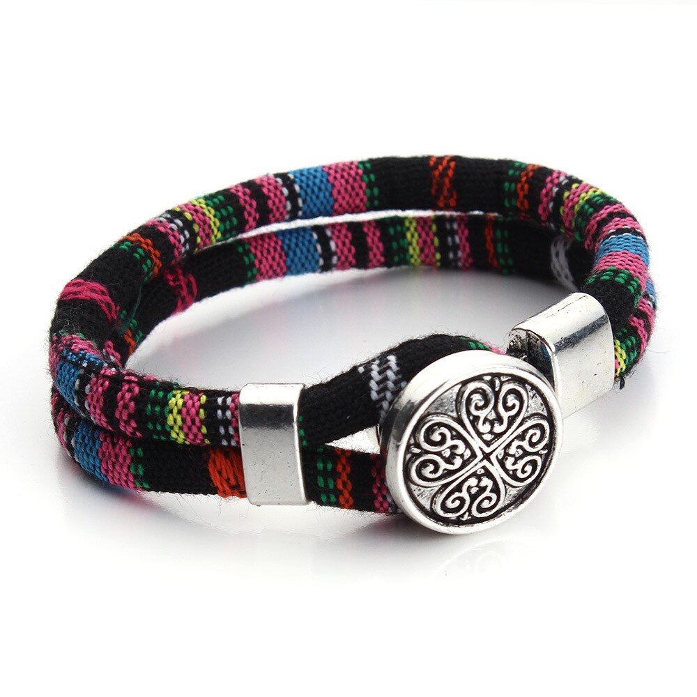 Bohemian Boho Druckknopf Armband für Frauen Multicolor Baumwolle Schnüre Tibetischen Silber Ethnische Charme Blume Armband Pulseras Mujer