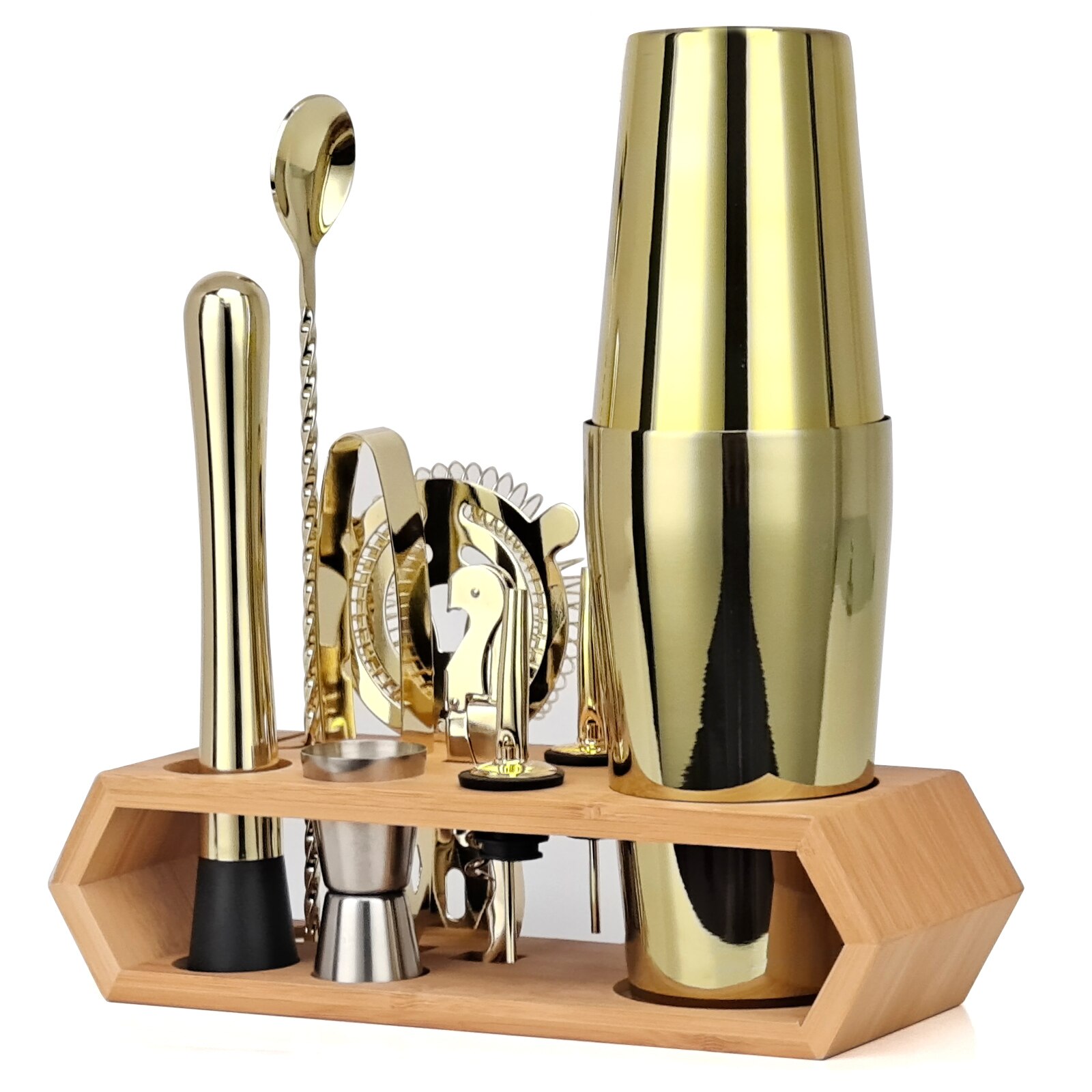 Cocktail Shaker Set Rose Gold,10-Piece Bartender Kit With Bamboo Stand,Tools Very Suitable For Family Party Use: Gold-Boston