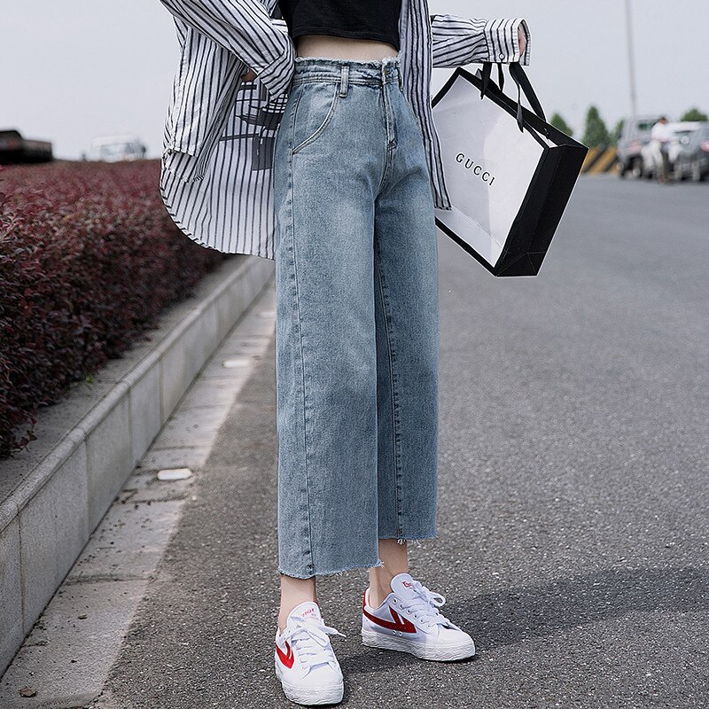Streetpants Straight Jeans Women High Waist Blue Denim Trousers Female Loose Nine Length Fall Jeans P9136