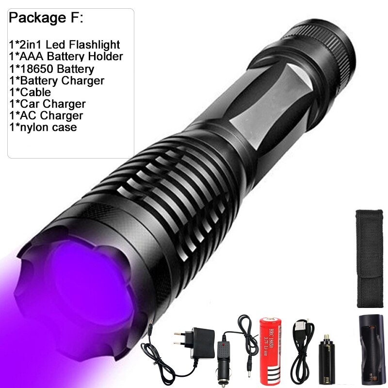 10000LM 2in1 UV + wit licht LED Zaklamp Zaklamp 395nm Ultraviolet Urine Detector voor camping Tapijt Huisdier Urine Vangen Schorpioenen