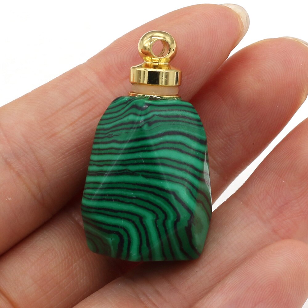 Natural Gem Stone Faceted Perfume Bottle Pendant Quartz Agates Essential Oil Diffuser Charms for Jewelry Making Necklace 25x37mm: Malachite