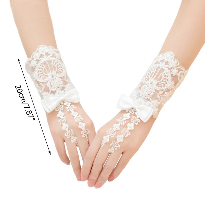 Guantes de boda cortos de encaje Floral bordado, lazo de satén con cuentas, para novia