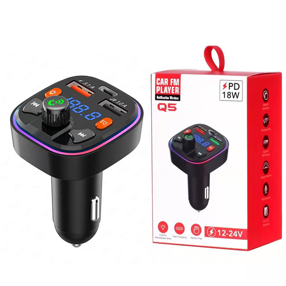 Q5 18W trasmettitore FM microfono esterno Dual USB PD tipo C caricabatterie per auto a ricarica rapida Bluetooth 5.0 vivavoce modulatore FM per auto: Default Title