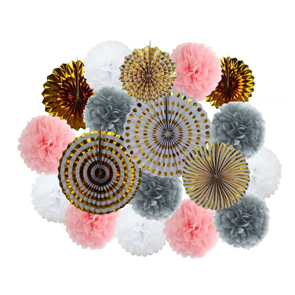 Lente Party Favor Goud Groen Set Vouwen Opknoping Papier Pom Pom Fans Baby Shower Kids Meisje Jongen Verjaardag Decoratie