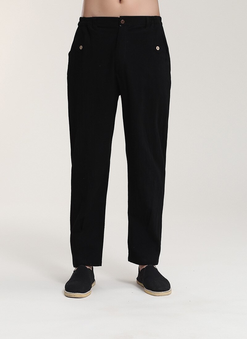 Marineblå kinesiske menn tai chi bukser bomull lin kung fu bukse tilfeldig løse myke bukser med lomme ml xl xxl xxxl
