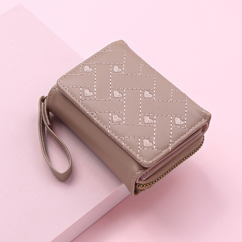 Portefeuilles Voor Vrouwen Mode Pu Lederen Geborduurde Liefde Tri-Fold Kleine Portemonnee Kawaii Schattige Kaarthouder Multi-Card Slot Muntportemonnees