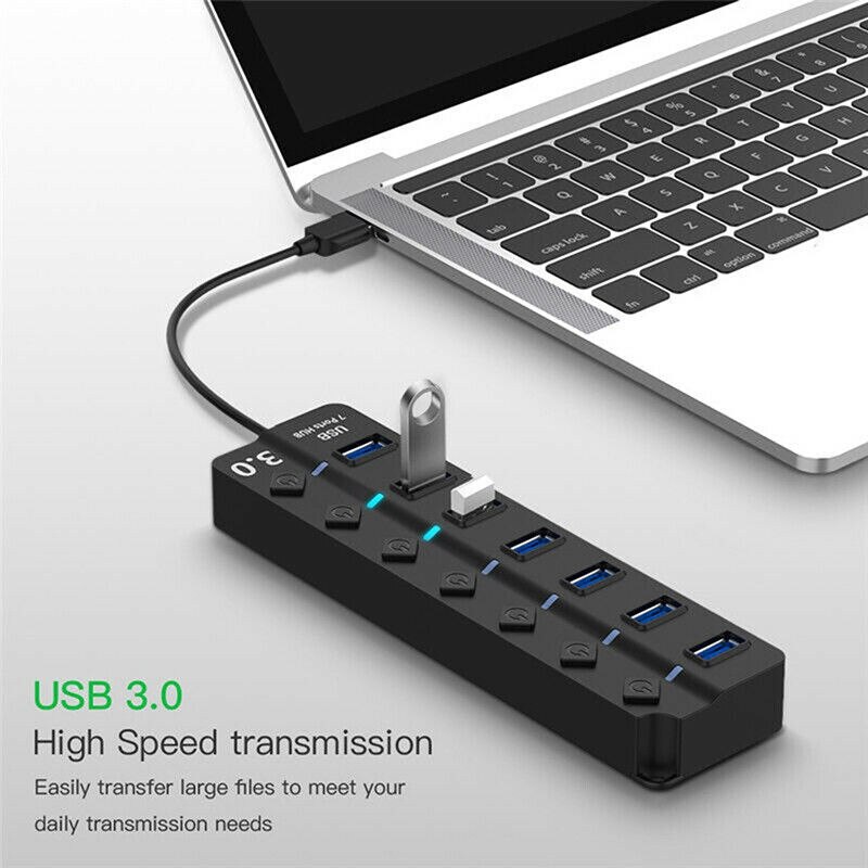 USB Hub 3.0 High Speed 5GBPS 7 Port Multi Splitter Adapter On/Off Switch for Laptop PC