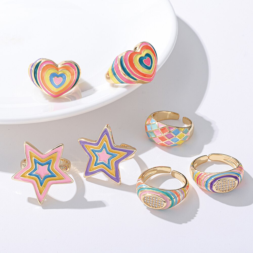 Rainbow Enamel Druipend Olie Ster Hart Ringen Voor Vrouwen Koper Goud Kleur Zirconia Punk Ringen Trendy Sieraden Verstelbare