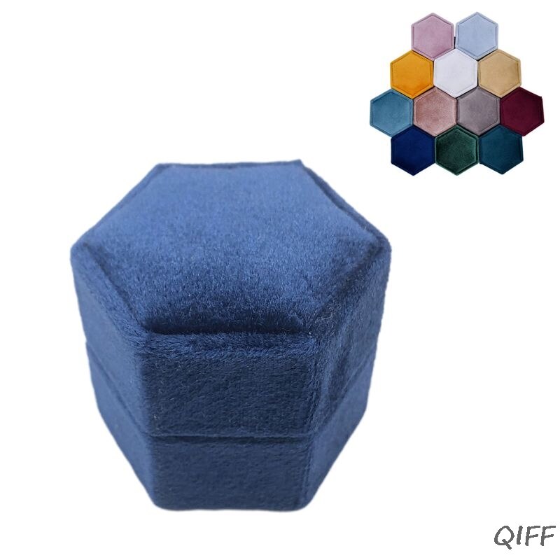 Velvet Double Ring Box Hexagon Wedding Ceremony Ring Box for proposal, engagement, wedding with Detachable Lid: L