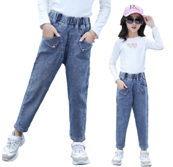 Girls Jeans Patch Pocket Jeans For Teens Girls Elastic Waist Kids Jeans Spring Autumn Casual Jeans Clothes For Girls 6 8 12 Year