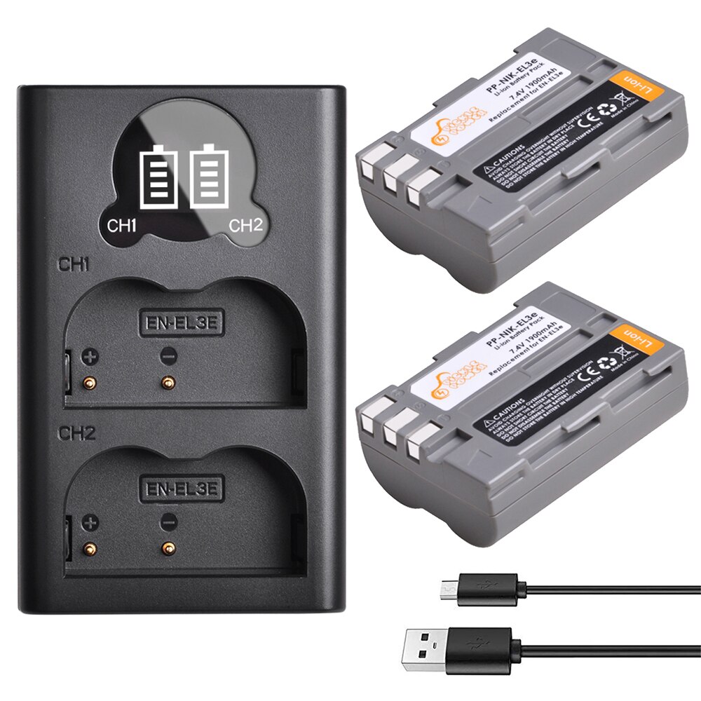 2 pc 1900 mah en -el3e sv  el3e kamerabatteri och led -laddare med typ c -port för nikon  d50 d70 d80 d90 d100 d200 d300 d300s d700.: Laddare och 2 batterier