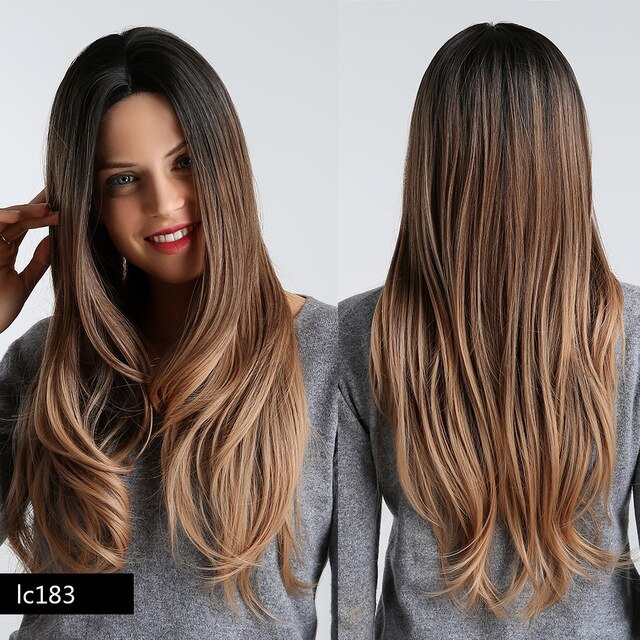 JONRENAU Long Synthetic Natural Wavy Dark Brown Hair Wig with highlight for White /Black women Daily Wear Wigs: lc183