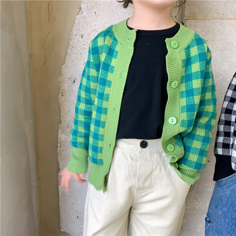 Lente Mode 2 Kleuren Plaid Trui Jas Jongens En Meisjes Losse Casual Gebreide Vesten: Green / 4T