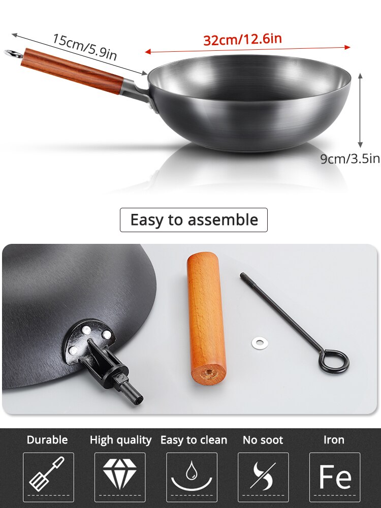 Chinese Traditional Wok Non-coating Handmade Wok With Wooden Handle Iron Non Stick Rusting Pan Induction and Gas Cooker Cookware
