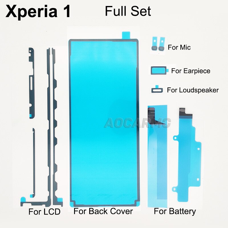 Aocarmo para SONY Xperia 1 / XZ4 J9110 X1, conjunto completo, adhesivo frontal LCD, parte trasera, pegatina, batería, micrófono, auricular, cinta adhesiva: Full Set