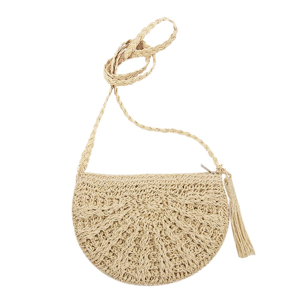 Summer Retro Straw Beach Bag Woven Tassels Messenger Handbags Women Fringed Crochet Straw Shoulder Crossbody Bag: Beige