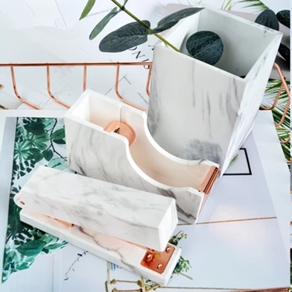 Marble Print Tape Dispenser Desk Adhesive Tapes Holder with Rose Gold 1" Metal Core for Office School Home Stationery Supplies