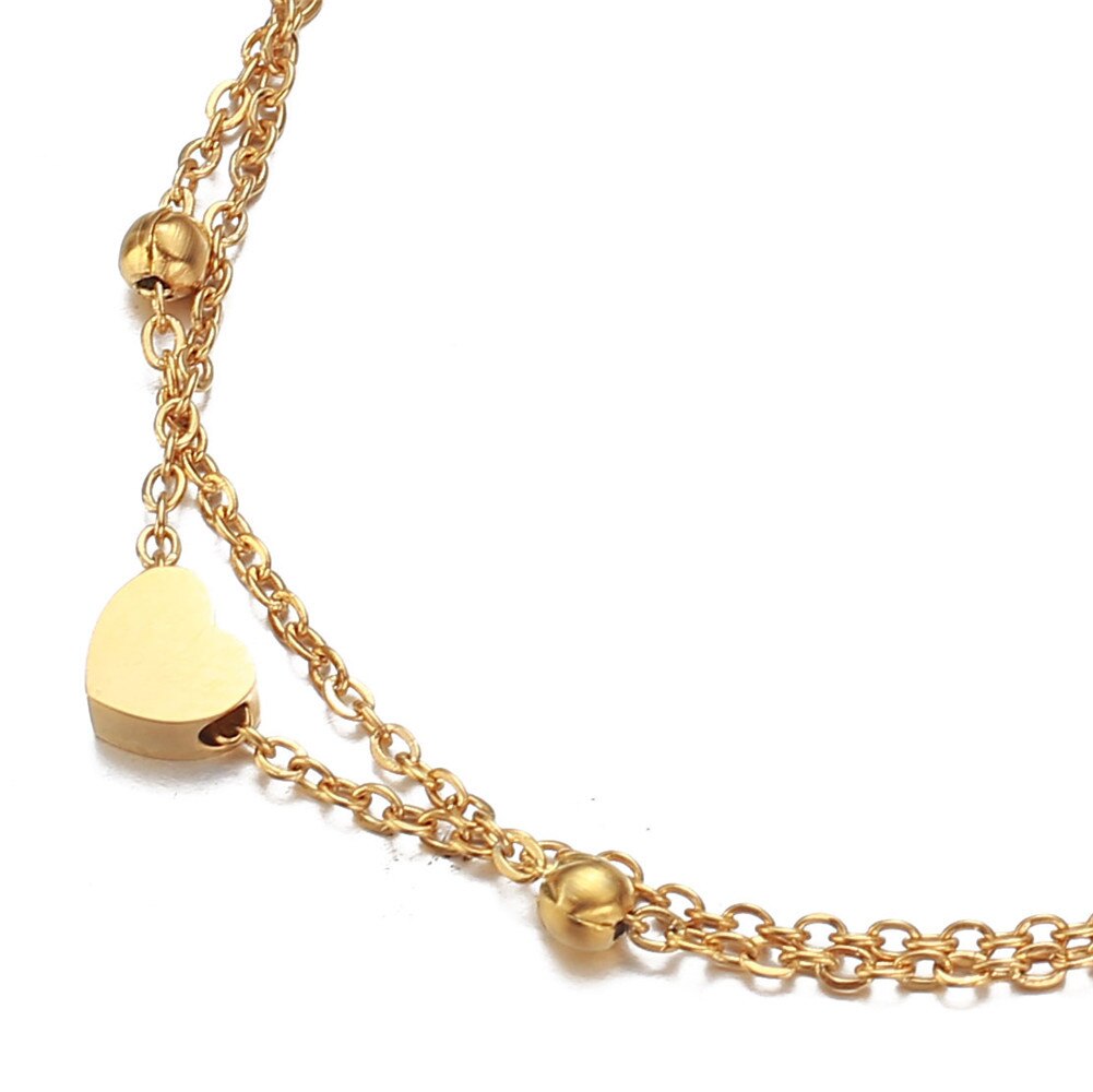 Stainless Steel Thin Bead Chain Heart Anklet For Women Double Layer Foot Anklet Sandals Bohemian Beach Leg Jewelry
