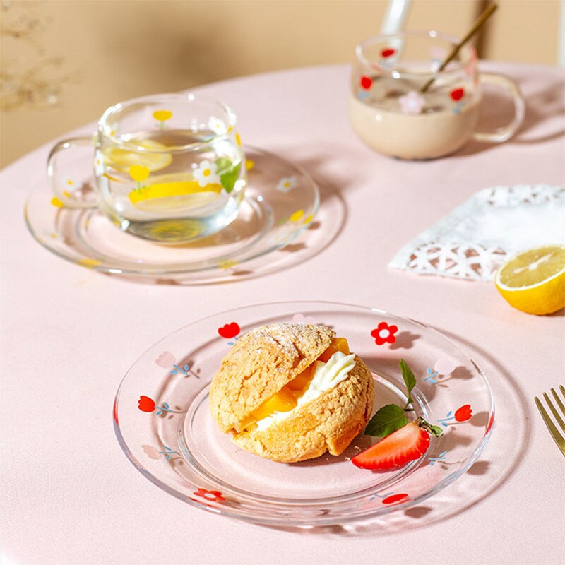 Japansk genomskinlig blomma glas mjölkkopp med sked och fat set kaffe frukost mugg dessert tallrik söt enkel tekopp
