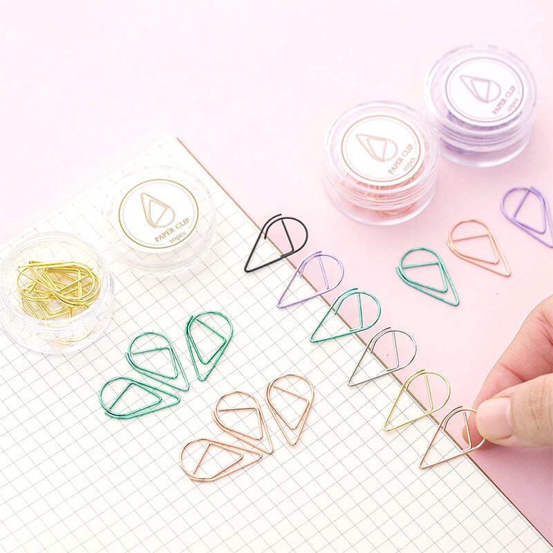 10 st/lot färgglada gem mini vattendroppsformade metallpärmar 2.5 x 1.5 cm storlek bullet s journal dekorationslåda packad
