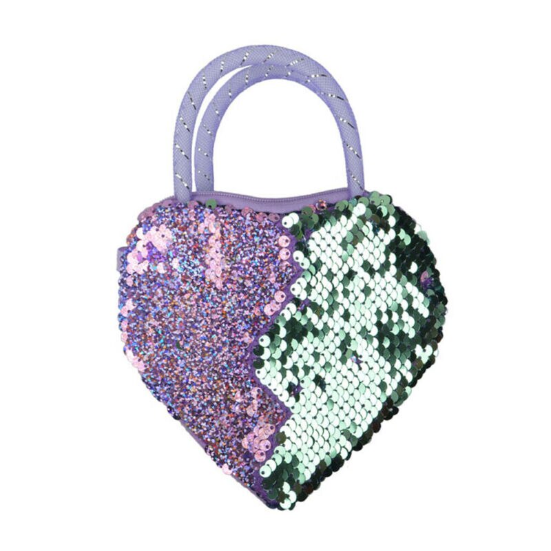 Sweet Girls Kid Sequin Heart Shaped Ribbon Long Strap Purse Coin Handbag Pocket Bag