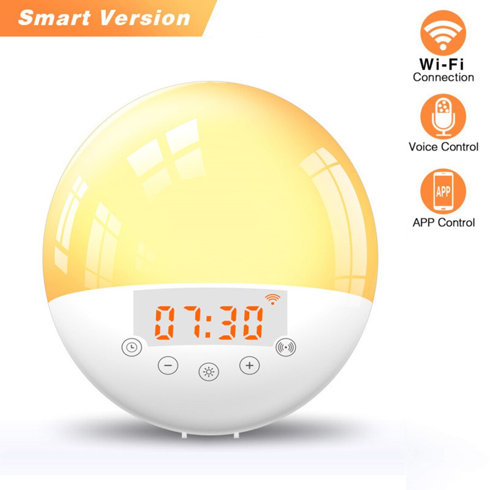 Wifi sunrise wake-up lampe smart snooze vækkeur soveværelse led natlys fm radio