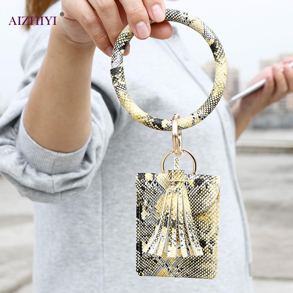 Keychain Card Bag for Women Men Leopard Wallet PU Leather Tassel Kabaw Bracelet Keychain Jewelry