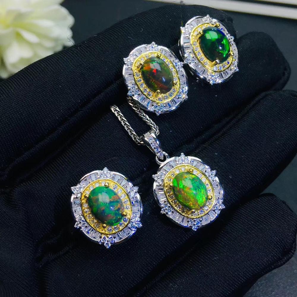 KJJEAXCMY boutique jewelry 925 sterling silver inlaid Natural Black opal Necklace Ring Earring Female Suit Support detection