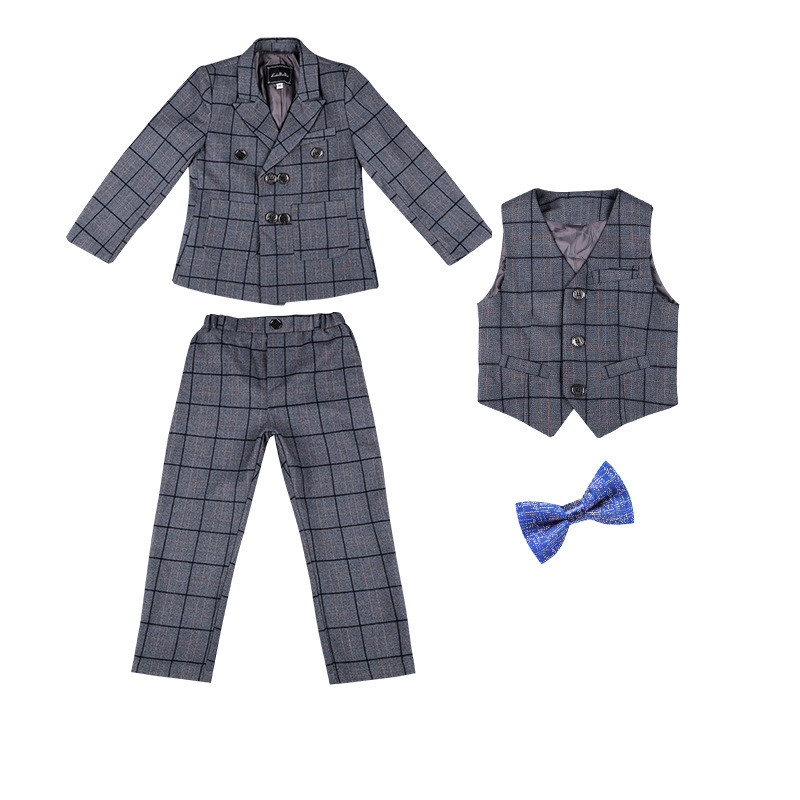 Costume à carreaux pour garçon, costume de smoking formel à Double boutonnage pour enfant, veste de fête, anneau porte-queue, Blazer, pantalon: Blue 4 Pcs Sets / 130