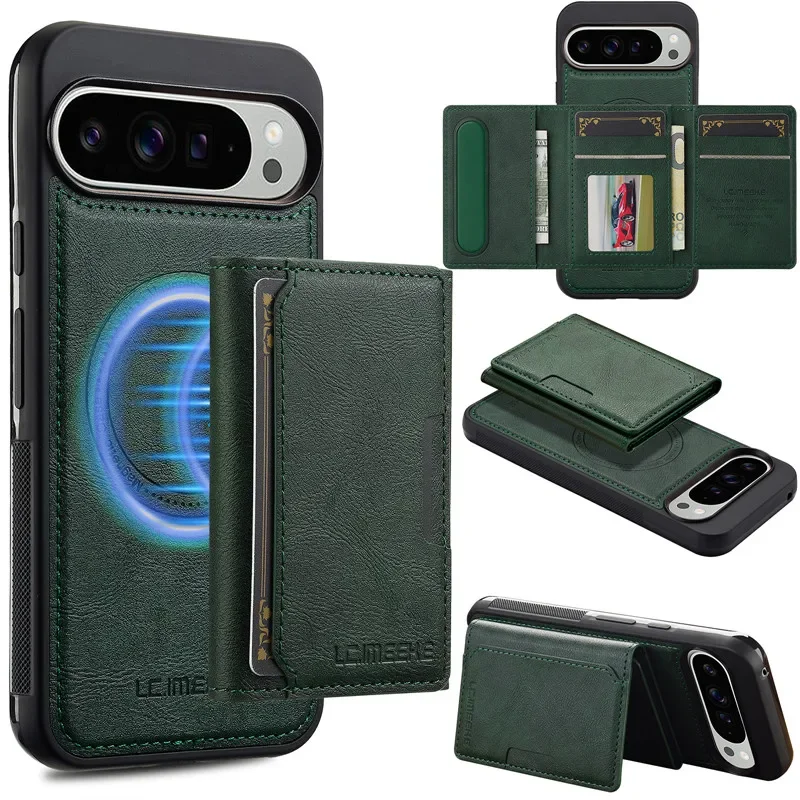 MagSafe Magnetic Flip Leather Phone Case for Google Pixel 9 Pro XL 8 7 8A 7A Detachable Wallet Card Pocket Back Cover Cpque Etui: green / For Google Pixel 9