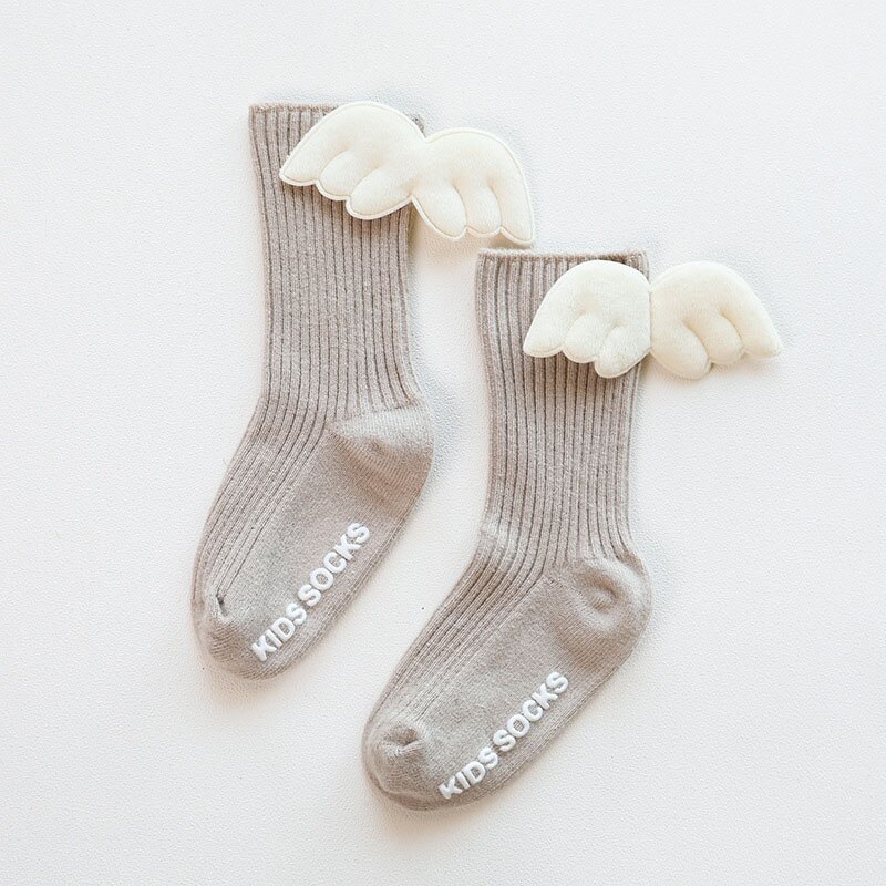 Angel Wings Baby Socks Spring Autumn Cotton Baby Girls Socks Solid Color Anti-Slip Kids Children Middle Tube Sock Sokken 1-3Y: khaki