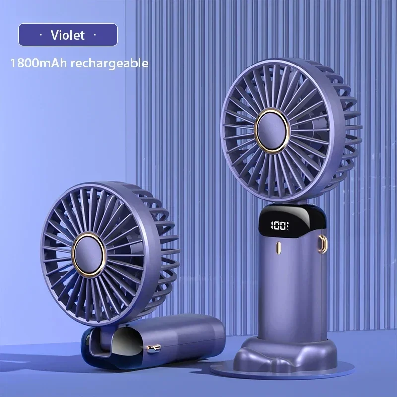 Mini ventilador portátil de mano, ventiladores plegables para colgar en el cuello, ventilador recargable por USB de 5 velocidades con soporte para teléfono y pantalla de visualización de 1800mAh: Púrpura