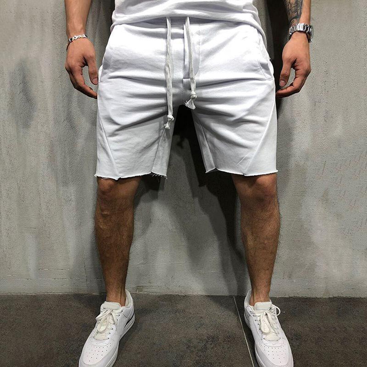 Herreshorts afslappet fitnesscenter atletiske shorts sommeroutfits passer til løb basketball cykling løft bodybuilding tøj: Hvid / L