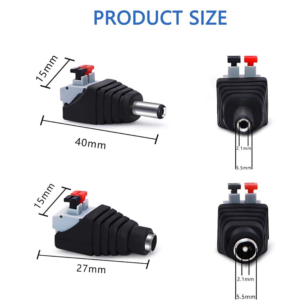 BNC Portfolio DC Male + Female Connector Plug securer cable connection Push-on DC power with switch adapter for cctv camera