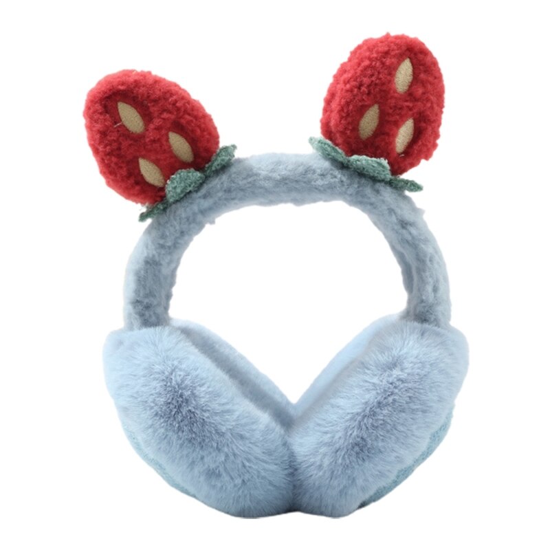 Women Student Winter Fluffy Plush Earmuffs Cute Cartoon 3D Strawberry Ears Earflap Foldable Portable Ear Warmers Covers: Blue
