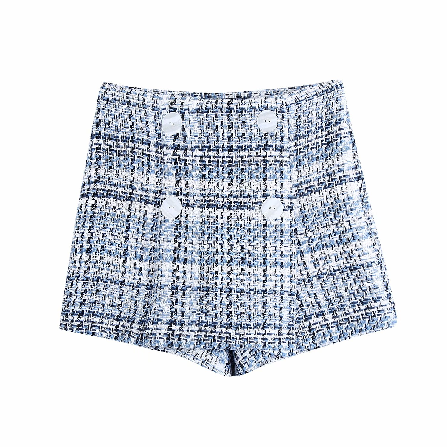 Pantalon à carreaux en Tweed avec boutons pour Femme, tenue courte pour bureau, Vintage, uniforme, taille haute, bas Chic, Za,: BLEU CIEL / L