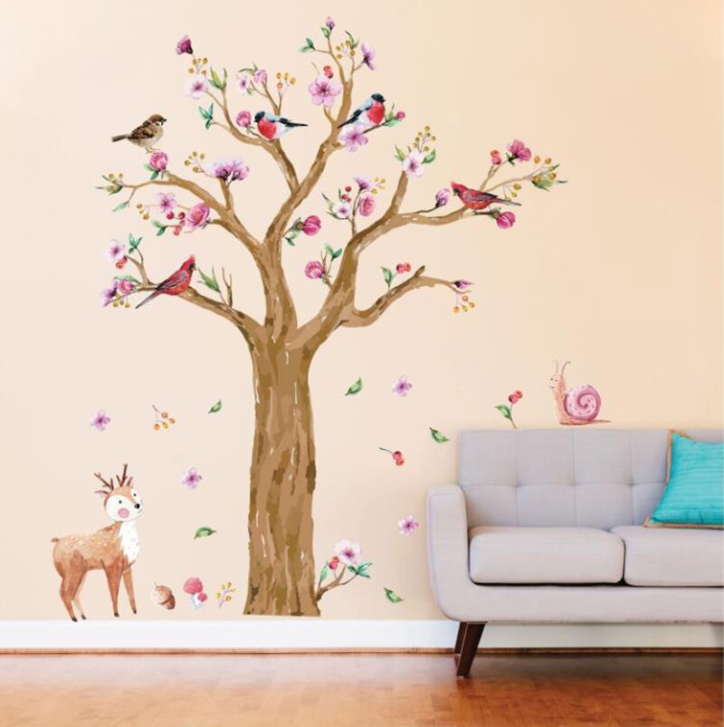 Cartoon Animals Tree wall sticker for Kids Room Hand Painted Birds Deer mamalook Lovely Flower Wall Decal mamalook