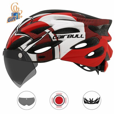 Stylish Cycling Helmets Triathlon Safe Taillight Helmet with Magnetic Goggles MTB Race Road Bike Bicycle Helmet Casco Ciclismo: Red White