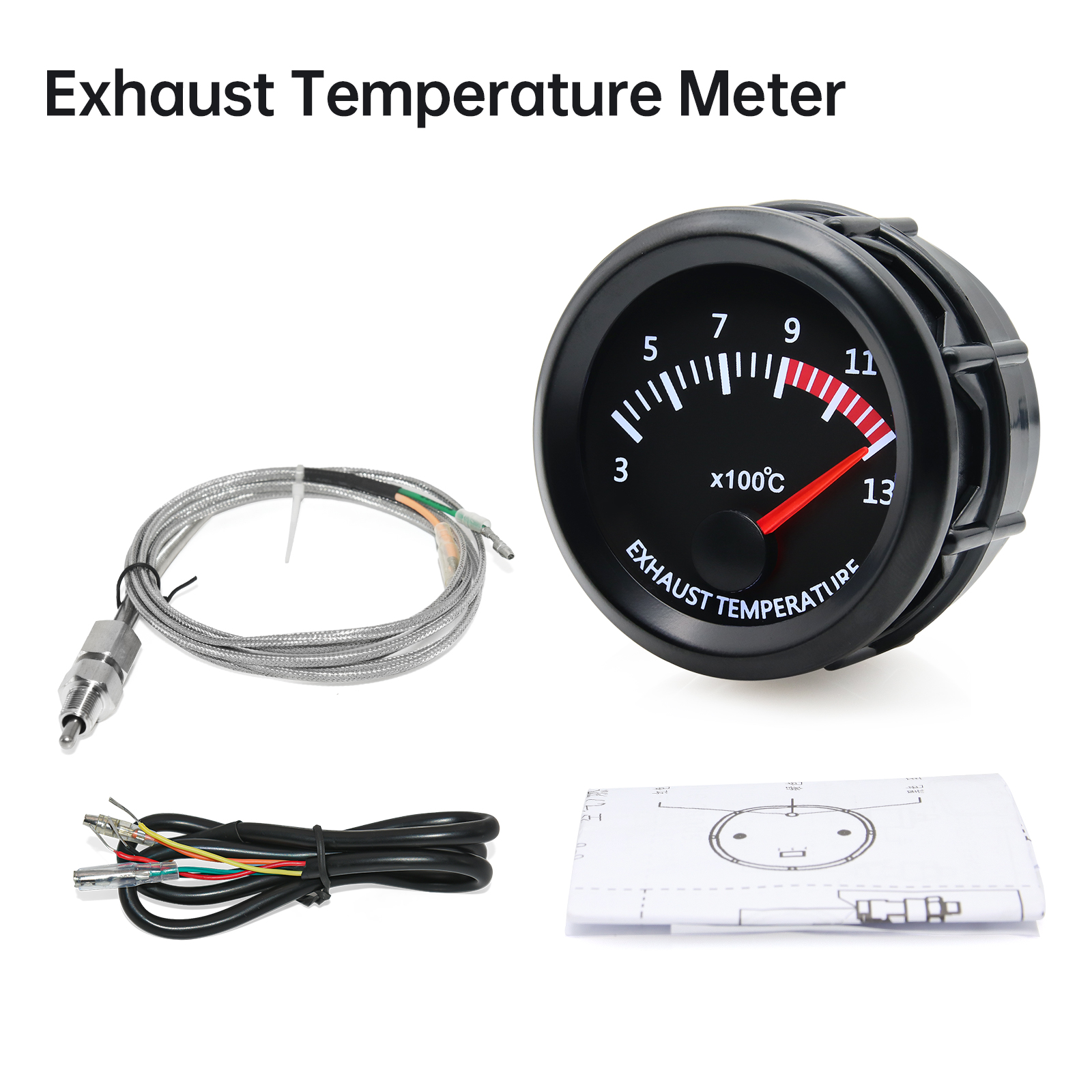 52mm Car Exhaust Gas Temp Gauge Vacuum Oil Pressure Bar PSI Gauge Voltmeter Oil Temperature Water Temp With Sensor for 12V Car: Red