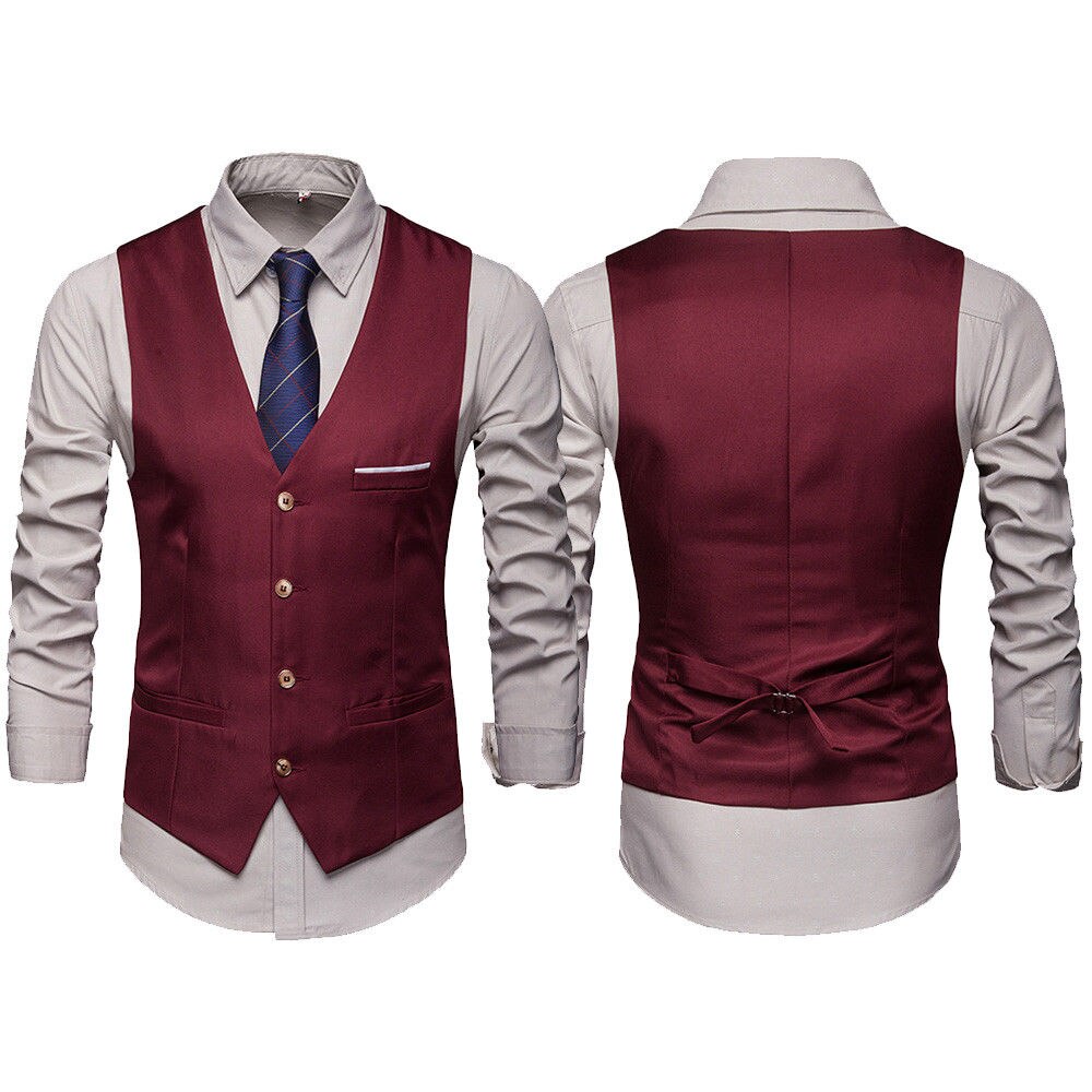 Kjole vester for menn slim fit herre dress vest herre vest gilet homme uformell ermeløs formell forretningsjakke: Burgunder / L