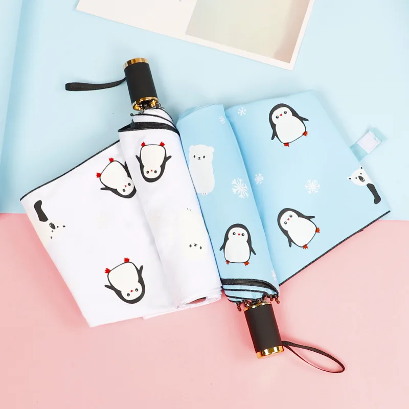 Frau 3 faltbare Sonnenschirm Rückseite falten frische kleine Pinguin UV klare Regenschirm Hand offen Vinyl Sonnenschutz Dame Regenschirm