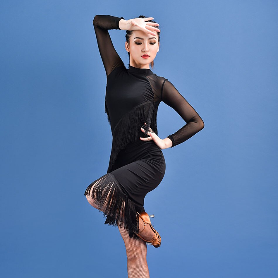 Vestido de baile latino de manga larga con flecos para mujer, ropa práctica de baile con flecos, Samba, Tango, Chacha, Performamnce SS001