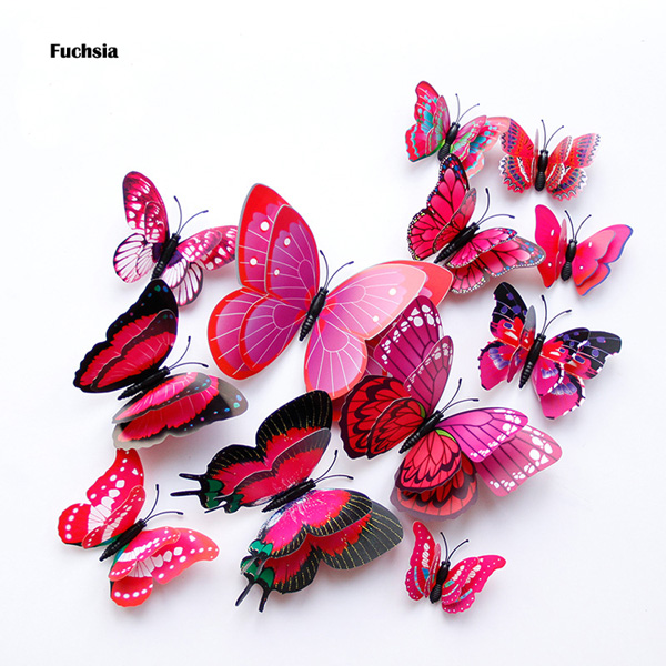 12Pcs Dubbele Laag 3D Vlinder Muur Sticker Op De Muur Home Decor Vlinders Voor Decoratie Magneet Koelkast Stickers: Fuchsia