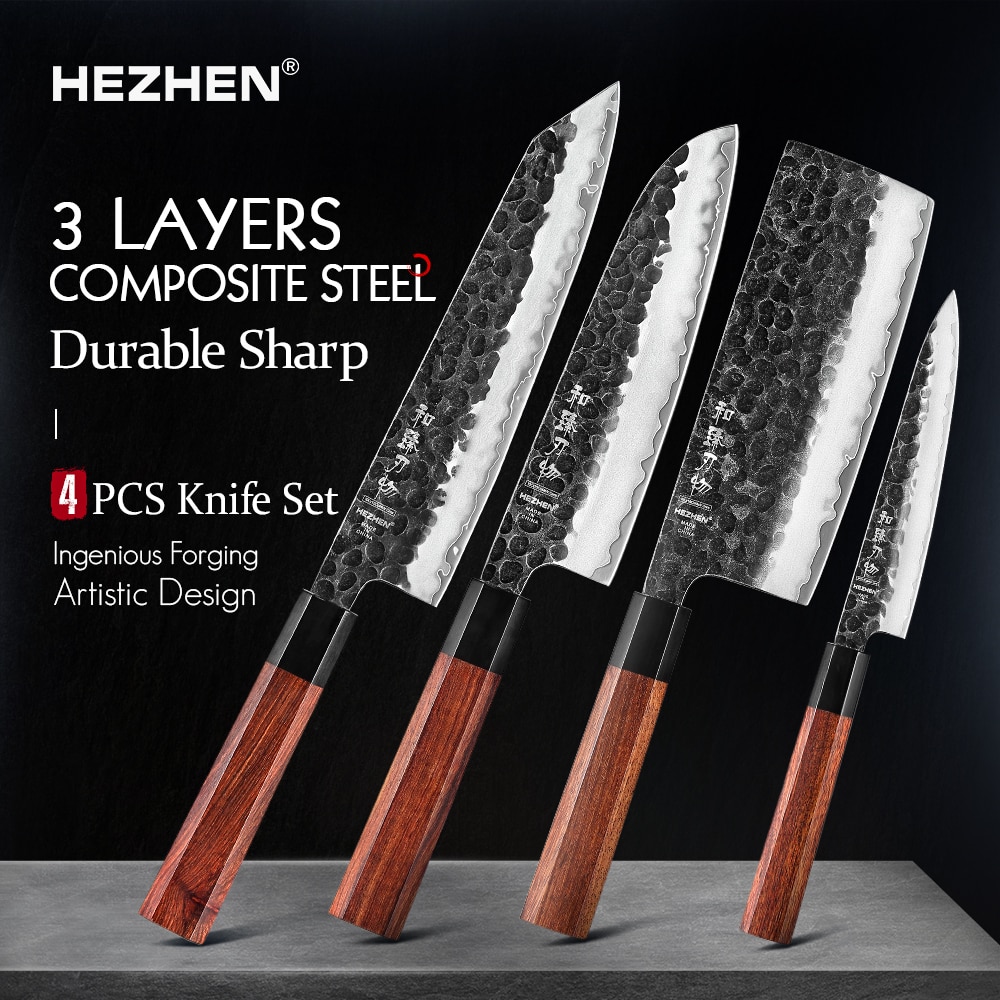 Hezhen 1-4pc kökskniv set skiva rostfritt stål komposit stål kock santoku nakiri verktyg rosenträ handtag låda
